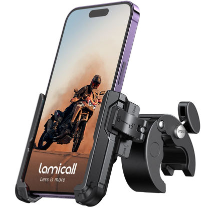 Picture of Lamicall Motorcycle Phone Mount Holder - [Camera Friendly] [1s Lock] 2023 Bike Phone Holder Handlebar Clamp, Bicycle Scooter Phone Clip, for iPhone 14 Pro Max, 13 12 Mini, 2.4~3.54" Wide Phones, Black