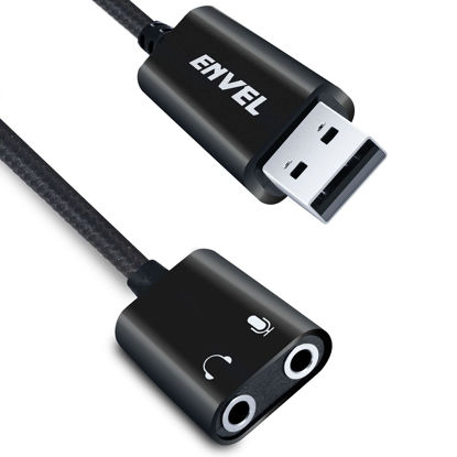 Picture of ENVEL USB to 3.5mm Audio Adapter,External Stereo Sound Card with Dual TRS 3-Pole 3.5mm Headphone and Microphone Jack for PS4/PS5/PC/Laptop, Built-in Chip Mic-Supported Headphone Adapter (Black Pro)