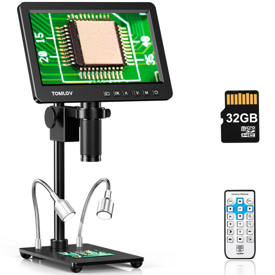 Picture of TOMLOV DM209 2K HDMI Digital Microscope, 1200x Coin Microscope with 7” IPS Screen, 26MP Sony CMOS IMX Sensor for Soldering Repairing Entire Coin View, C-Mount Microscope, PC/TV Compatible, 32GB