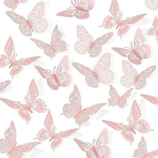 Picture of SAOROPEB 3D Butterfly Wall Decor 48 Pcs 4 Styles 3 Sizes, Pink Butterfly Decorations for Butterfly Birthday Decorations Butterfly Party Decorations Cake Decorations, Removable Wall Stickers Room Decor for Kids Nursery Classroom Wedding Decor (Pink)