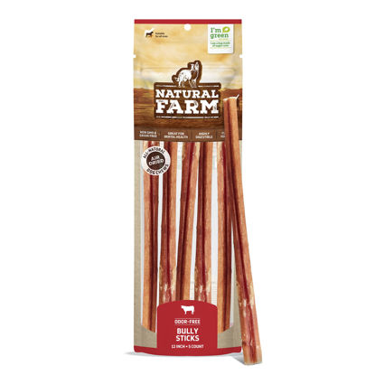 Picture of Natural Farm Bully Sticks, Odor-Free (12 Inch, 5 Pack), 8.8 Oz. Per Bag, 100% Beef Chews, Grass-Fed, Non-GMO, Fully Digestible Dental Treats to Keep Your Small and Medium Dogs Busy and Happy