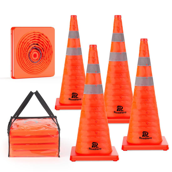 Picture of RoadHero 28 Inch [4 Pack] Collapsible Traffic Safety Cones, Multi Purpose Pop-up Cones with Reflective Collar for Road Safety, Orange Cones for Driving Training, Parking Lots