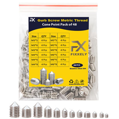 Picture of FIXXELY Grub Set Screws 48 (M3,M4,M5,M6) Cone Point & Hex Head - 304 Stainless Steel Assorted Sizes Ideal for Home Repairs & Set Screws for Bathroom Fixtures