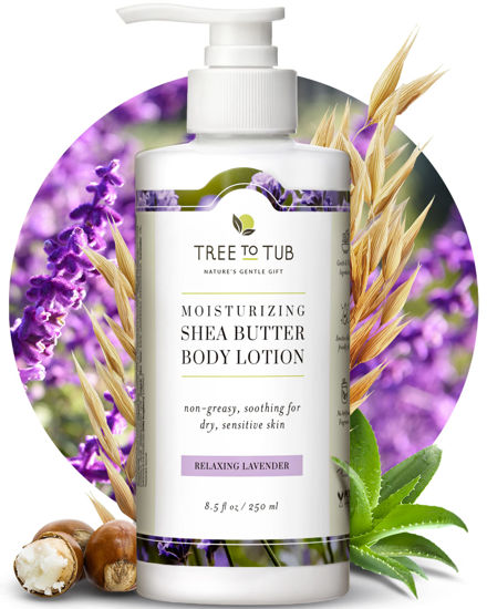 Picture of Tree to Tub Lavender Shea Butter Body Lotion for Dry Skin - Moisturizing Sensitive Skin Lotion for Women & Men, Vegan Body Moisturizer w/Organic Aloe Vera, Cocoa Butter, All Natural Colloidal Oatmeal