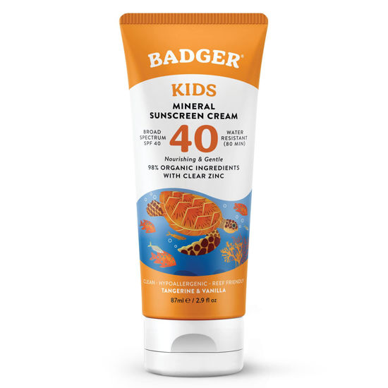 Picture of Badger Kids Sunscreen Cream SPF 40, Organic Mineral Sunscreen Kids Face & Body with Zinc Oxide, Reef Friendly, Broad Spectrum, Water Resistant, 2.9 fl oz