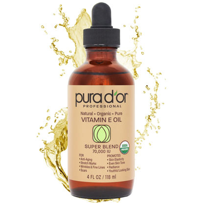 Picture of PURA D'OR Organic Vitamin E Oil Blend 70,000 IU (4oz / 118mL) 100% Natural Hexane Free, Sweet Almond, Apricot, Jojoba, Argan, Rosehip, Sunflower & Avocado Bath Oil for Scars, Skin, Face & Full Body