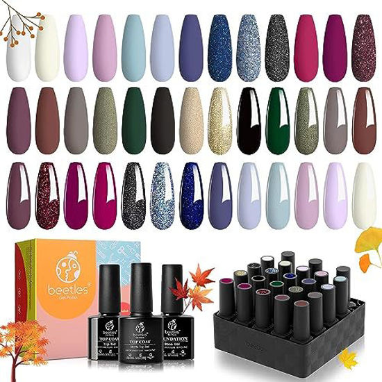 Picture of Beetles 20Pcs Gel Nail Polish Kit- Intimate Atmosphere Collection Pastel Burgundy Red Set Blue Green Glitter Soak Off Lamp Base Top Coat Kit Gifts for Women