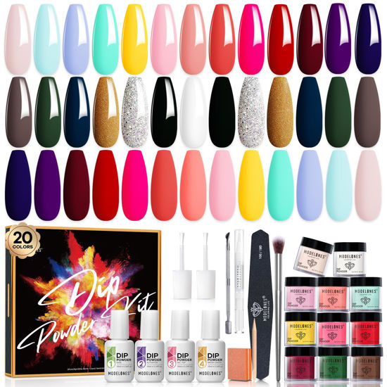 Picture of Modelones 32 Pcs Dip Powder Nail Kit Starter, 20 Colors All Season Acrylic Dipping Powder System Liquid Set with Base&Top Coat Activator Brush Saver for French Nail Art Manicure DIY at Home Salon