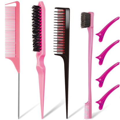 Picture of 8 Pieces Hair Styling Comb Hair Brush Set, Nylon Teasing Hair Brush Rat Tail Comb with Duckbill Clips, Double Sided Edge Brush for Edge & Back Brushing, Combing, Slicking Hair for Women Girls (Pink&Black-8pcs)