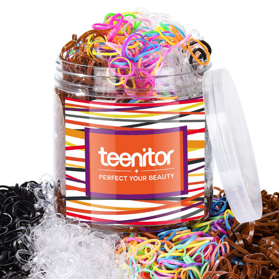 Picture of Teenitor Elastic Hair Bands, 2000pcs Hair Rubber Bands, Elastics for Hair, Small Hair Ties, Clear,Black,Brown and Color