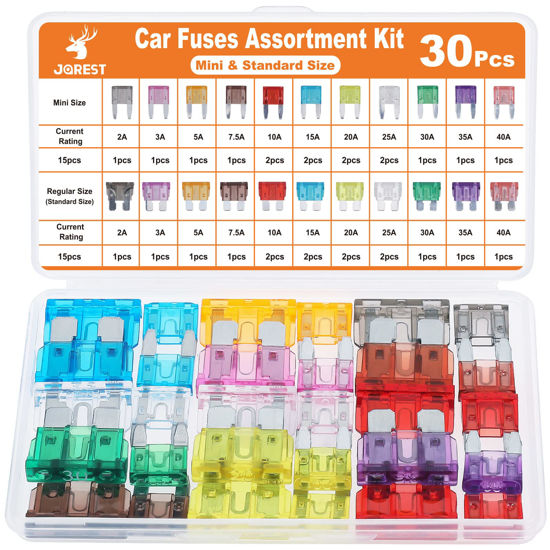 Picture of JOREST 30Pcs Mini & Standard Car Fuse Assortment Kit, 15 Mini Blade Fuses Automotive + 15Standard Auto Fuses - for Car/RV/Truck/Motorcycle(2Amp 3A 5A 7.5A 10A 15A 20A 25A 30A 35A 40A)