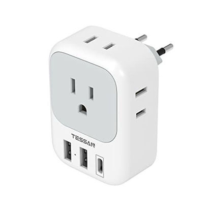 Picture of European Travel Plug Adapter USB C, TESSAN International Plug Adapter with 4 AC Outlets and 3 USB Ports, Type C Power Adaptor Charger for US to Most of Europe Iceland Spain Italy France Germany