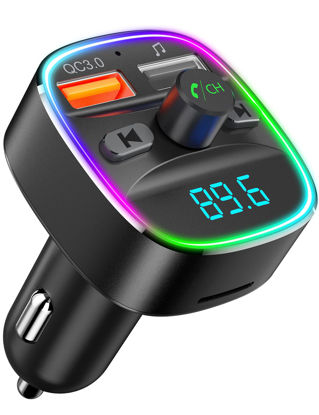 Picture of Nulaxy QC3.0 Bluetooth FM Transmitter for Car, 2023 Upgraded Dual USB Charger Bluetooth Car Adapter Wireless Radio with 7-Color LED Backlit Light, Hands-Free Calling, Support USB Drive TF Card - NX10