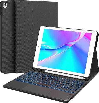 Picture of CHESONA iPad 9th Generation Case with Keyboard, 7 Color Backlit, Multi-Touch Trackpad, Built-in Pencil Holder, 2 Bluetooth Channels, Flip Stand Keyboard Case for iPad 9th/8th/7th Gen 10.2” Black