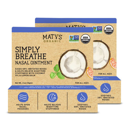 Picture of Matys Organic Simply Breathe Nasal Ointment for Dry Noses & Nostrils Due to Allergies, Nose Bleeds, CPAP & Oxygen Device Irritation, Clean Saline Alternative for Adults & Kids, 2 Pack, 0.5 oz Each