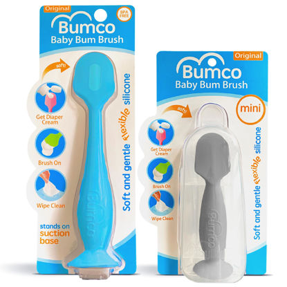 Picture of Bumco 2-PACK Diaper Cream Spatula - FULL-SIZE + MINI Baby Bum Brush with TRAVEL CASE - Diaper Cream Applicator for Baby - Baby Necessities - Suitable for Aquaphor, Desitin - Blue & Gray