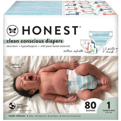 Picture of The Honest Company Clean Conscious Diapers | Plant-Based, Sustainable | Dots & Dashes + Multi-Colored Giraffes | Club Box, Size 1 (8-14 lbs), 80 Count