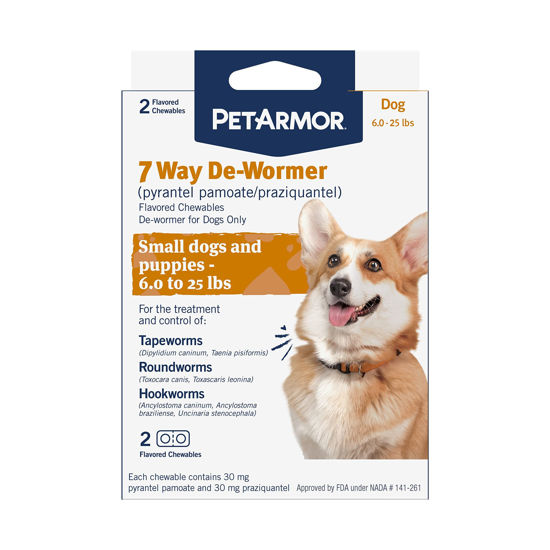 Picture of PetArmor 7 Way De-Wormer for Dogs, Oral Treatment for Tapeworm, Roundworm & Hookworm in Small Dogs & Puppies (6-25 lbs), Worm Remover (Praziquantel & Pyrantel Pamoate), 2 Flavored Chewables