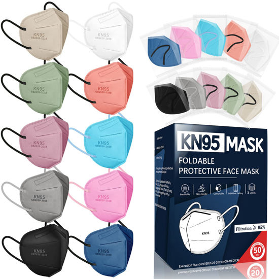 Picture of KN95 Face Masks for Adults, 50 Pack 10 Colors Disposable KN95 Masks, 5 Layer Breathable Individually Wrapped Face Masks with Designs, Filter Efficiency 95%