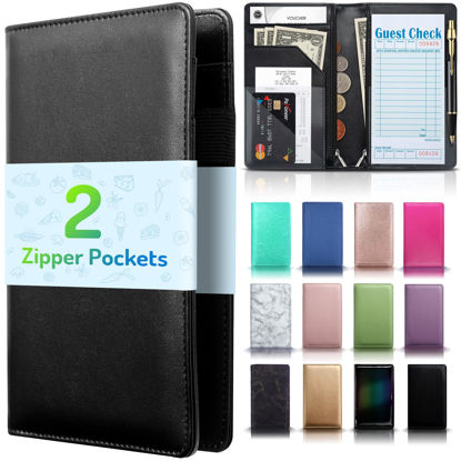 Picture of Server Book with 2 Zipper Pockets, Leather Server Books for Waitress, Waiter Book, Durable Waitress Book with Money Pocket and Zipper, Waiter Wallet Server Booklet Checkbook Fit Server Apron (Black)