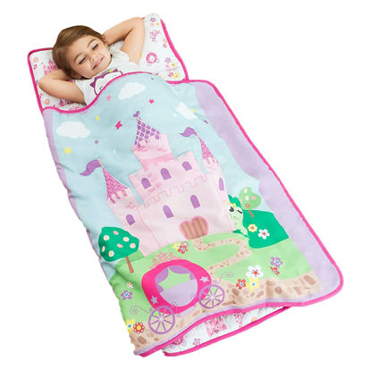 Picture of EVERYDAY KIDS Toddler Nap Mat with Removable Pillow -Princess Storyland- Carry Handle with Fastening Straps Closure, Rollup Design, Soft Microfiber for Preschool, Daycare, Sleeping Bag -Ages 2-6 years