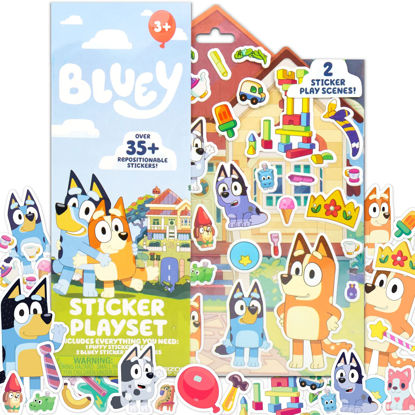 Picture of Horizon Group USA Bluey Sticker Playset, 35+ Reusable Stickers, 2 Sticker Play Scenes, Puffy Bluey Repositionable Stickers for Kids, Perfect for Travel, Screen-Free Fun