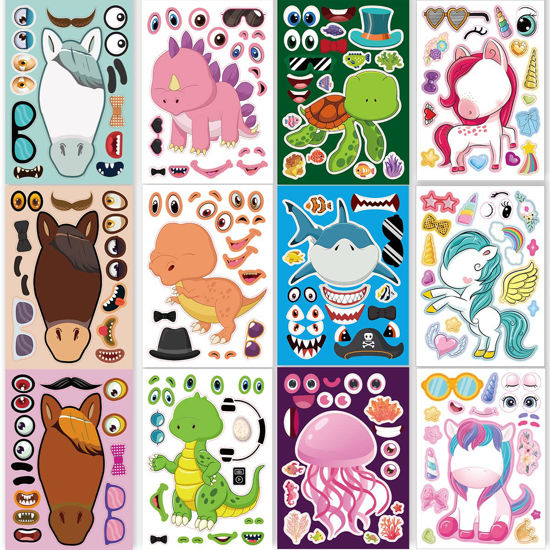 Picture of 24 Sheets 8.27''×5.9'' Make Your Own Stickers for Kids Toddlers, Make a Face Stickers Mix and Match with Unicorn Dinosaur Horse and Sea Animals for Kids Party Favors Activities