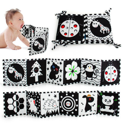 Picture of Cawgug Black and White Books High Contrast Baby Toys 0-6 Months Baby Soft Book for Early Education Infant Tummy Time Toys Infant Sensory Toys 6-12 Months Montessori Activities Cloth Book for Babies