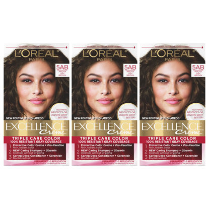 Picture of L'Oreal Paris Excellence Creme Permanent Hair Color, 5AB Mocha Ash Brown, 100 percent Gray Coverage Hair Dye, Pack of 3