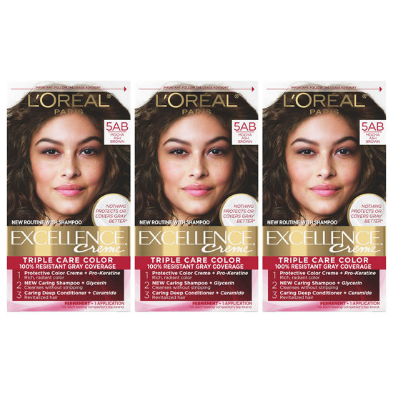 Picture of L'Oreal Paris Excellence Creme Permanent Hair Color, 5AB Mocha Ash Brown, 100 percent Gray Coverage Hair Dye, Pack of 3