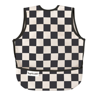 Picture of Tiny Twinkle Mess Proof Baby Bib - Waterproof Baby Apron - Machine Washable - PVC, BPA, & Phthalate Free - Great Travel Bib for Baby Eating - Baby Food Bibs (Black Checkers, Small 6-24 Months)