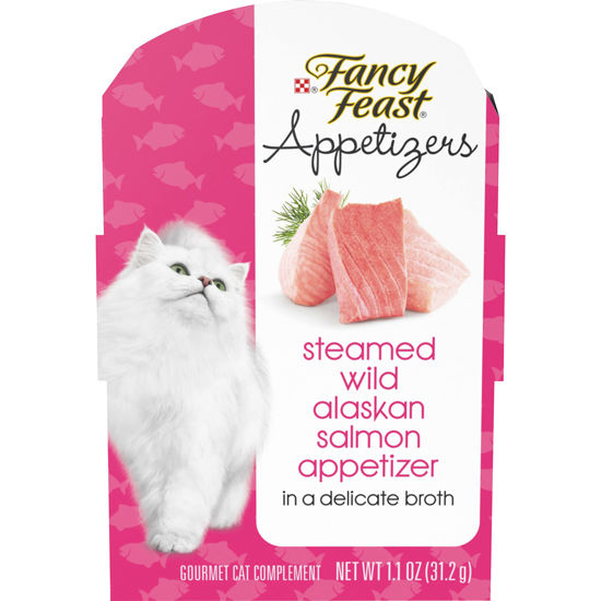 Picture of Purina Fancy Feast Wet Cat Food Complement, Appetizers Steamed Wild Alaskan Salmon in Delicate Broth - (10) 1.1 oz. Trays