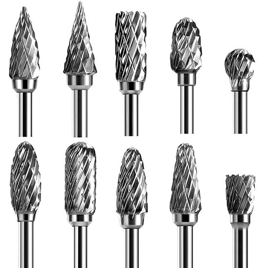 Picture of Double Cut Carbide Rotary Burr Set - 10 Pcs 1/8" Shank, 1/4" Head Length Tungsten Steel for Woodworking,Drilling, Metal Carving, Engraving, Polishing