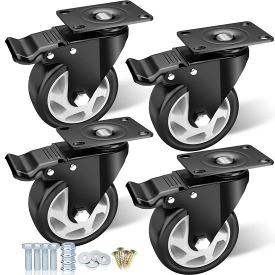 Picture of Casters, 4" Caster Wheels，Casters Set of 4 Heavy Duty - ASRINIEY Black Polyurethane Castors, Top Plate Swivel Wheels, 4-Pack Industrial Casters with Brake, Locking Casters for Furniture and Workbench