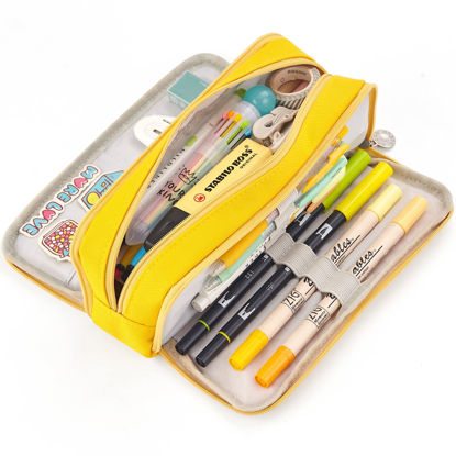 Picture of CICIMELON Large Capacity Pencil Case 3 Compartment Pouch Pen Bag for School Teen Girl Boy Men Women (Yellow)