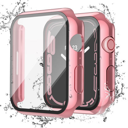 Picture of Misxi [2 Pack] for Apple Watch Series 8 Series 7 45mm Waterproof Anti-Scratch Case with Button, Lightweight Hard PC Cover with Tempered Glass Screen Protector for iWatch, 1 Rose Pink + 1 Transparent