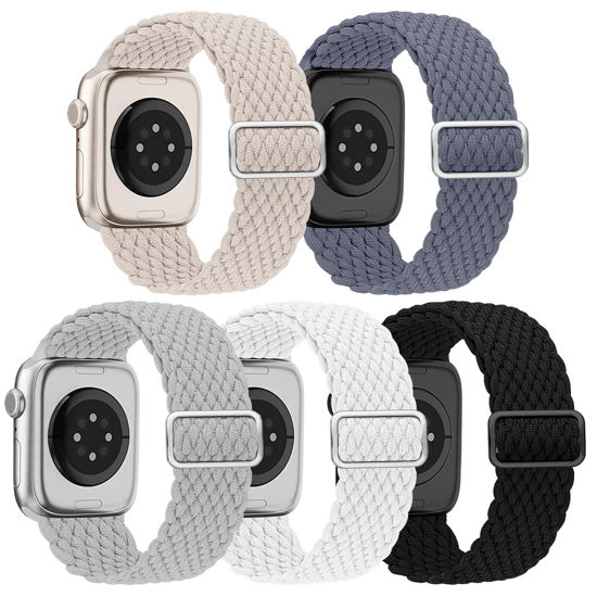 Picture of EOMTAM 5 Pack Braided Stretchy Adjustable Straps Compatible for Apple Watch Band 38mm 40mm 41mm 42mm 44mm 45mm 49mm for Women Men ,Sport Elastic Nylon Cloth Wristbands for iWatch Series Ultra 8 SE 7 6 5 4 3(White1,38)