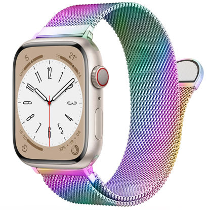 Picture of Original Stainless Steel Loop for Apple Watch Band 38mm 40mm 41mm 42mm 44mm 45mm 49mm, Magnetic Clasp Replacement Bands for iwatch Series Ultra SE 8 7 6 5 4 3 2 1, Women & Men Watch Strap for Apple Watch (Rainbow, 41mm/40mm/38mm)