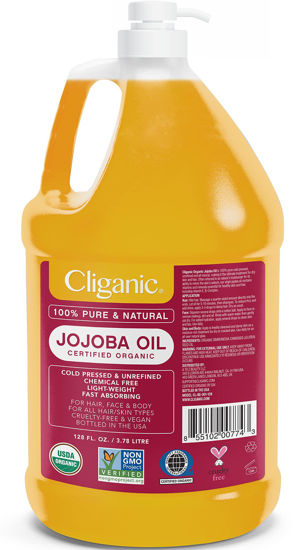 Picture of Cliganic Organic Jojoba Oil 128oz with Pump (Gallon Size), Bulk, 100% Pure - Non-GMO