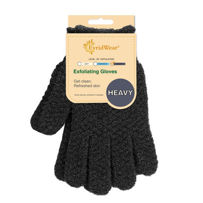 Picture of Evridwear Exfoliating Dual Texture Bath Gloves for Shower, Spa, Massage and Body Scrubs, Dead Skin Cell Remover, Gloves with Hanging Loop (1 Pair Black Heavy Glove)