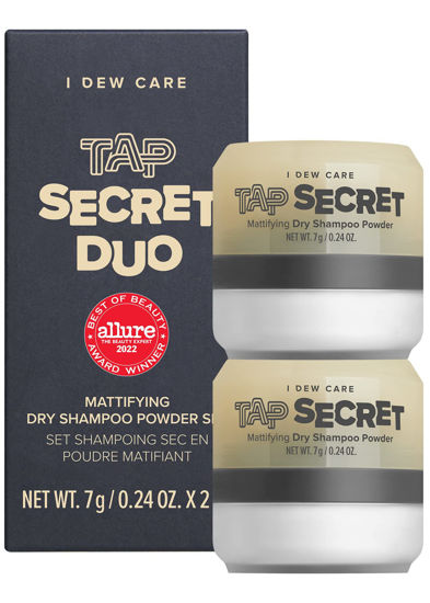 Picture of I Dew Care Dry Shampoo - Tap Secret Duo Gift set, With Black Ginseng, Non-aerosol, Benzene-free, Mattifying Root Boosting Powder, No White Cast, Formulated without Gluten, Travel Size, 2 Count, 0.54Oz