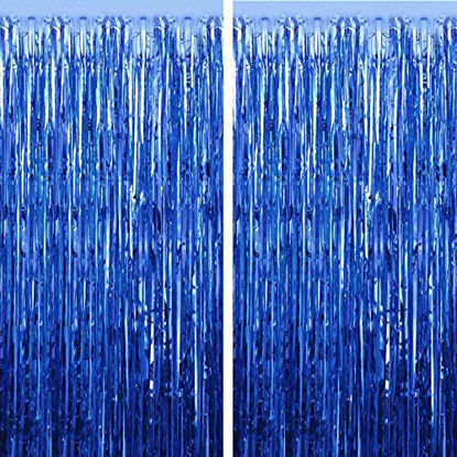 Picture of FECEDY 2pcs 3ft x 8.3ft Navy Blue Metallic Tinsel Foil Fringe Curtains Photo Booth Props for Birthday Wedding Engagement Bridal Shower Baby Shower Bachelorette Holiday Celebration Party Decorations