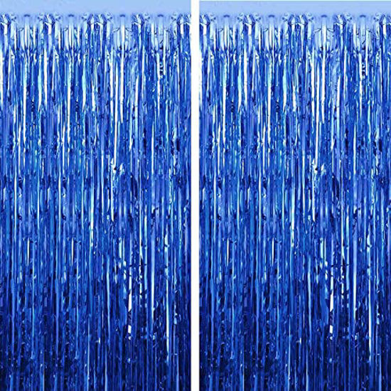 Picture of FECEDY 2pcs 3ft x 8.3ft Navy Blue Metallic Tinsel Foil Fringe Curtains Photo Booth Props for Birthday Wedding Engagement Bridal Shower Baby Shower Bachelorette Holiday Celebration Party Decorations