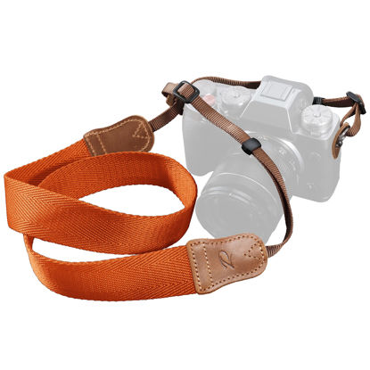 Picture of PADWA Orange Camera Straps for Photographers - Full Grain Crazy Horse Leather Head,1.5" Wide Pure Cotton Woven Camera Strap,Adjustable Shoulder Neck Strap for Cameras,Great Gift for Photographers