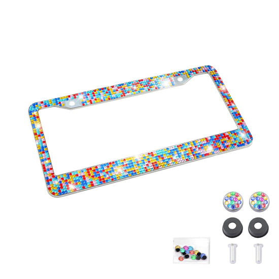 Picture of Bling Car License Plate Frame, Sparkly Rhinestone Stainless Steel License Plate Cover/Holder, Universal for Most Cars, SUVs, Vehicles with Screw Set, Auto Accessories for Women (Multicolor)