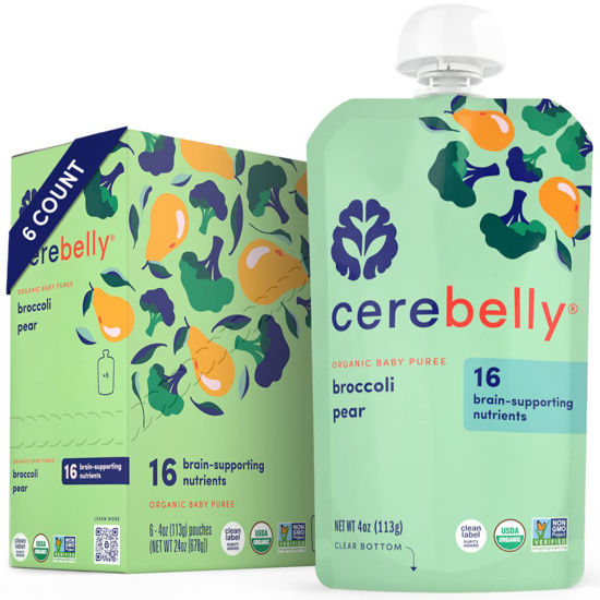 Picture of Cerebelly Baby Food Pouches - Broccoli Pear (4 oz, Pack of 6) - Toddler Snacks - 16 Brain-supporting Nutrients from Superfoods - Healthy Snacks, Gluten-Free, BPA-Free, Non-GMO, No Added Sugar