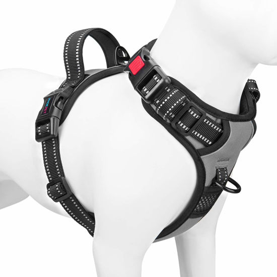 Picture of PHOEPET No Pull Dog Harness Medium Reflective Front Clip Vest with Handle,Adjustable 2 Metal Rings 3 Buckles,[Easy to Put on & Take Off](S, Grey)