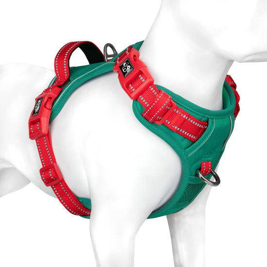 Picture of PHOEPET No Pull Dog Harness, Unique Colors Reflective Adjustable Dog Vest, with Soft Training Handle Metal Clips for Small Medium Large Dogs (Dark Green Base & Red Straps,L)