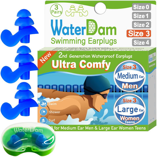 Picture of WaterDam Swimming Ear Plugs Great Waterproof Ultra Comfy Earplugs Prevent Swimmer's Ear (Size 3+3+3: Medium Ear Men & Large Ear Teens&Women (Blue Blue Blue))