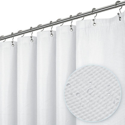 Picture of LiBa Waffle Weave Fabric White Shower Curtain, 72” W x 84” H Water Repellent & Heavyweight, Hotel Quality & Machine Washable Cloth Linen Long Shower Curtains Set and Shower-Liner for Bathroom